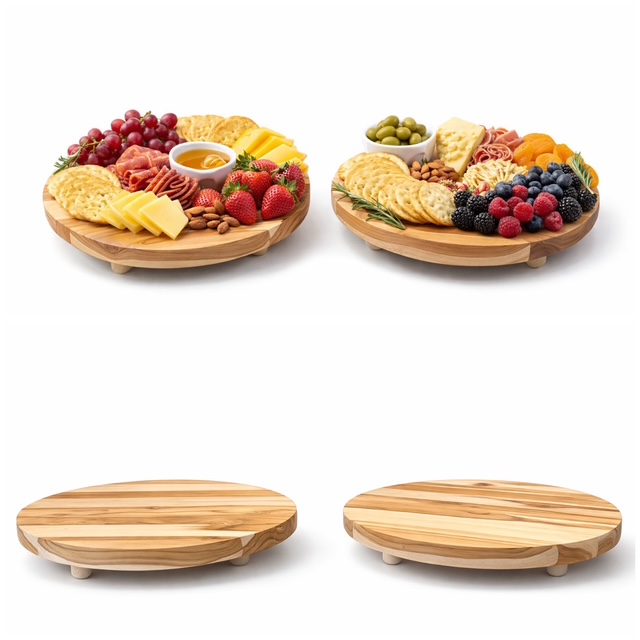 Wooden riser boards topped with fruit, cheese and crackers